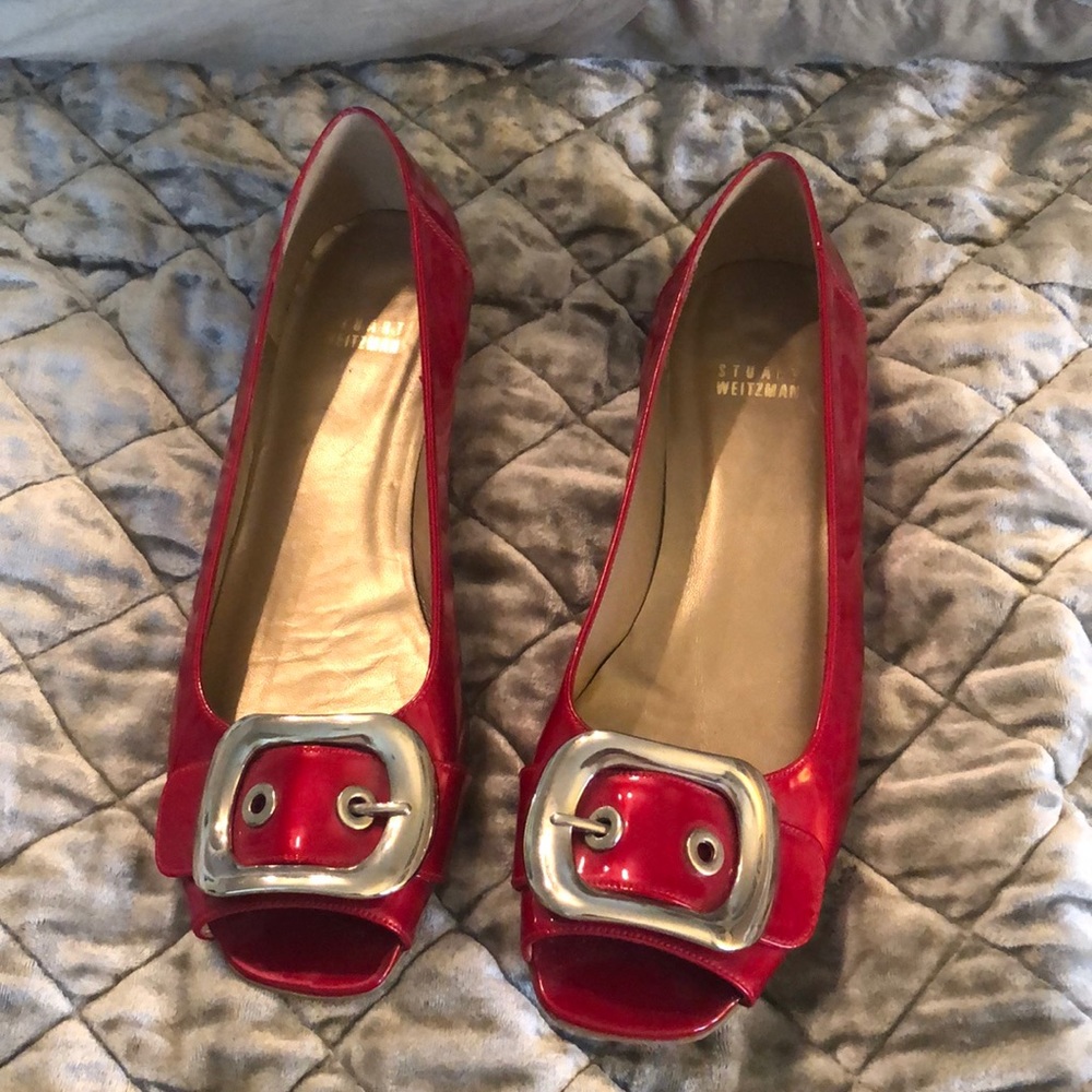 Shiny red Stuart Weitzman peep toe wedges❤️💋